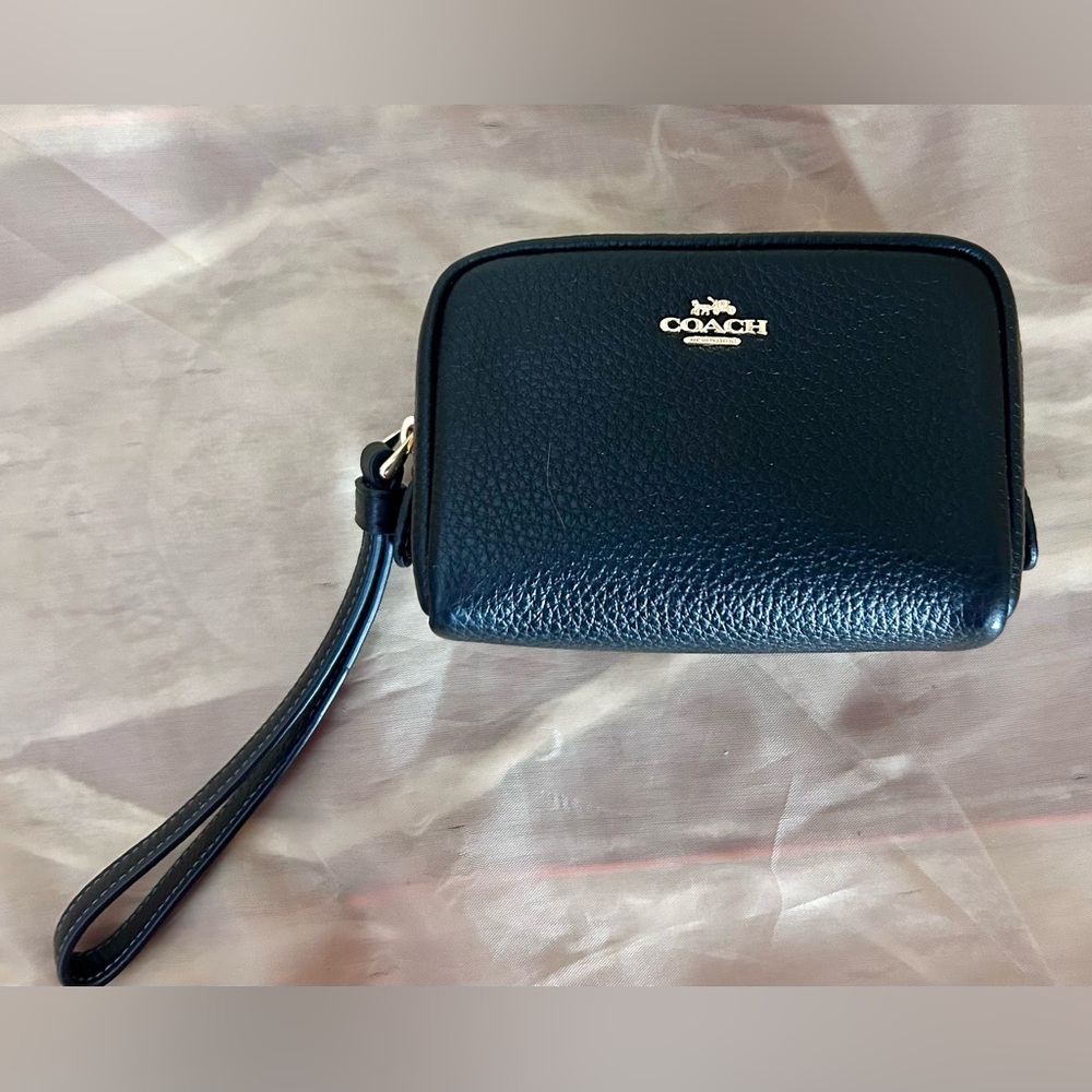 Coach Black Pebbled Leather Mini Pouch  Wristlet with Gold Log - Picture 2 of 6